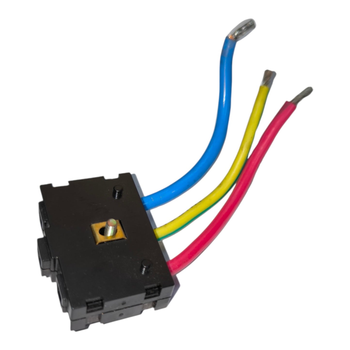 A black electrical terminal block with three colored wires (blue, yellow, and red) showing exposed metal ends, isolated on a white background.