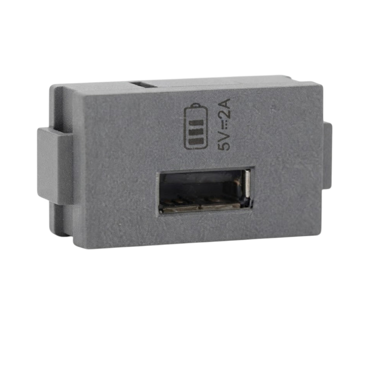 A gray USB-C to USB-A adapter plug with a 5V 2A battery symbol printed on the top surface, shown against a plain white background.