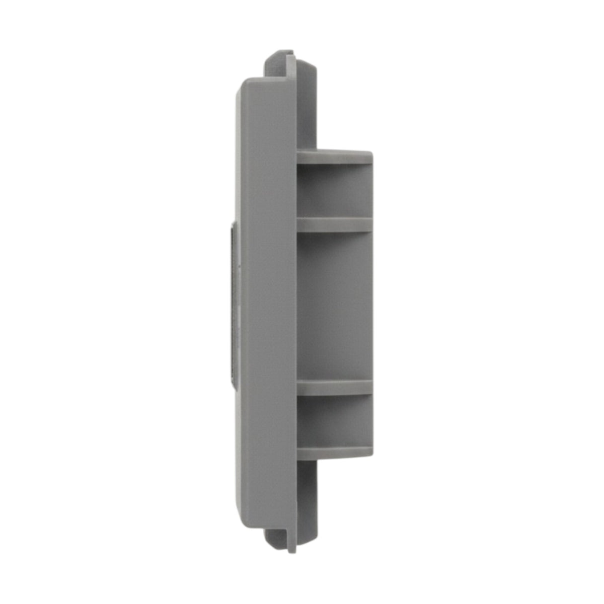 A gray plastic wall-mounted shelf or organizer bracket shown from a side profile view against a plain white background.