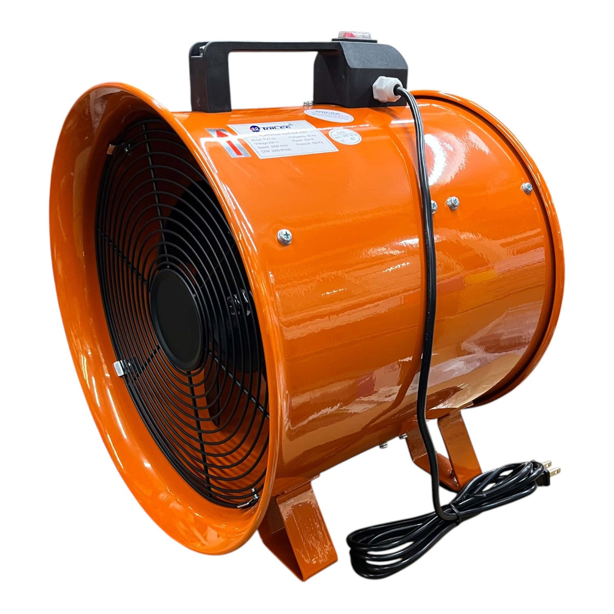 An orange industrial centrifugal fan with a black protective grille, black handle, and black power cord, shown on a plain white background.