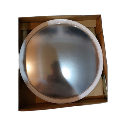 A round metallic silver dome mirror with a white rim, shown inside its brown cardboard packaging box against a white background.