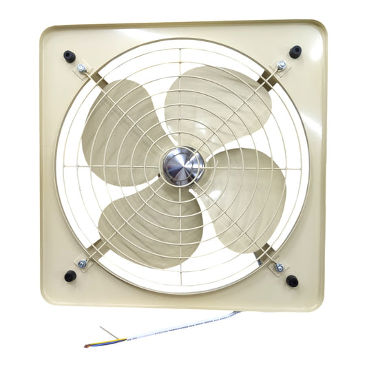 A square wall-mounted exhaust fan with beige blades and frame, a white protective grille, and a visible wiring harness below, shown on a plain white background.