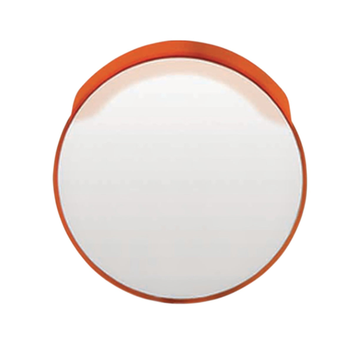 A round convex safety mirror with a bright orange frame, shown from a top-down perspective on a solid white background.