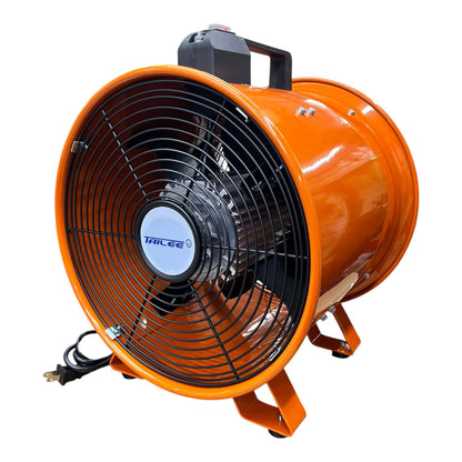 An orange industrial centrifugal fan with a black wire protective grille, black handle, and visible power cord, shown on a plain white background.
