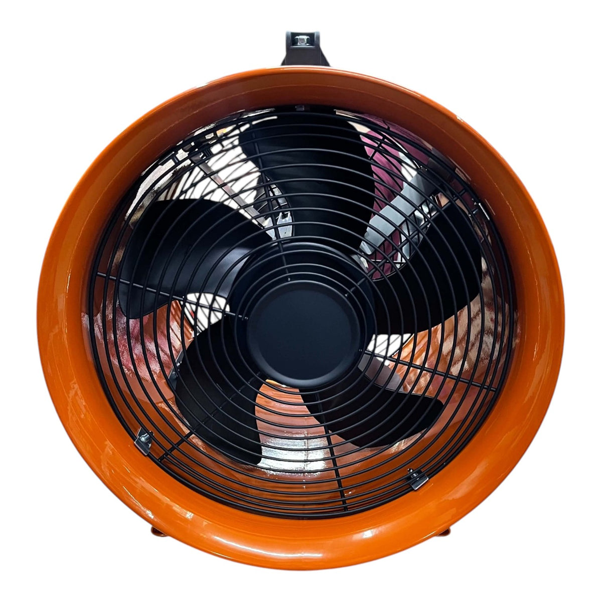 A large industrial ceiling or wall fan with a bright orange housing and black protective grille, shown against a plain white background.
