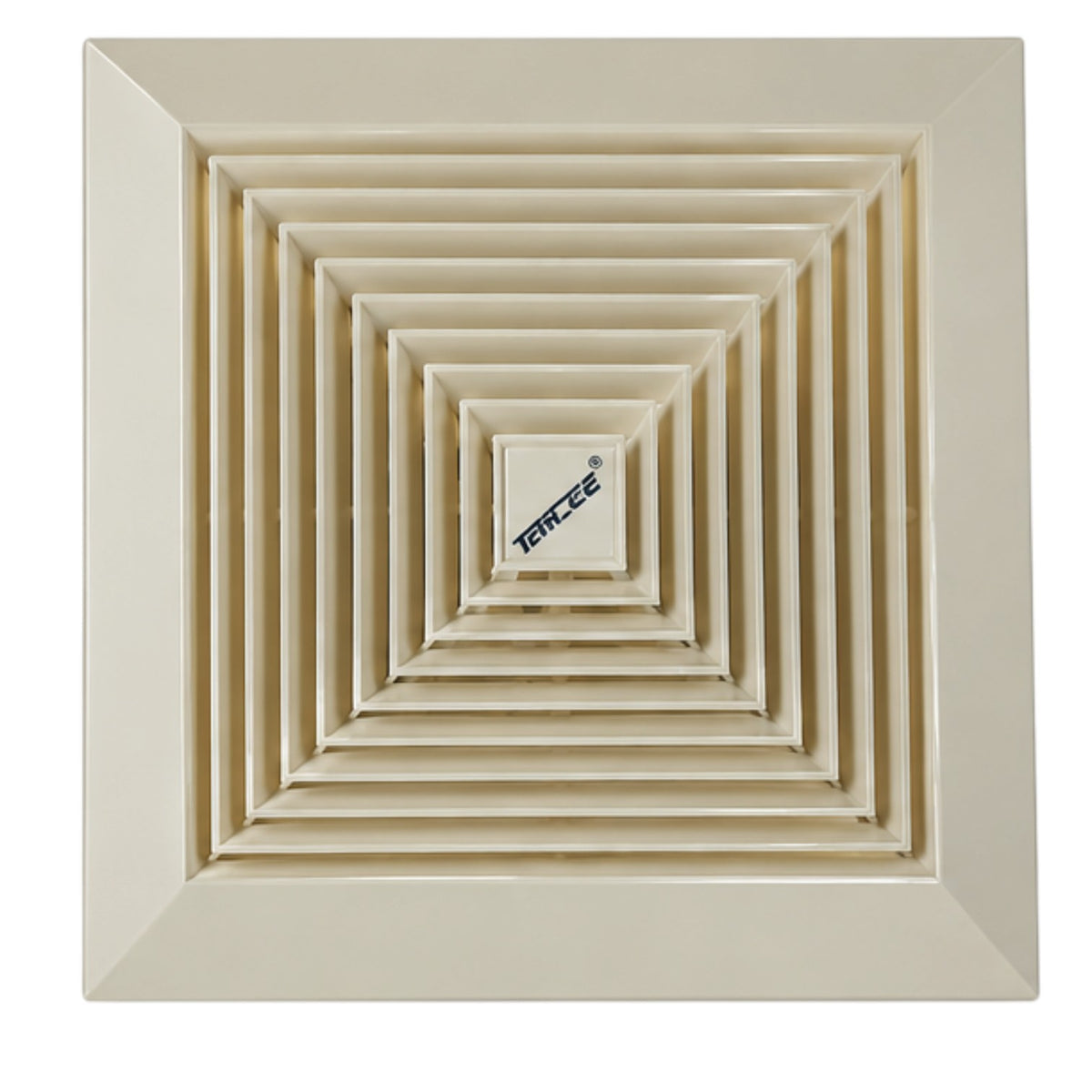 A square ceiling ventilation grille by TEERCE, finished in a warm cream or off-white color, featuring concentric square louvers with a central brand label.