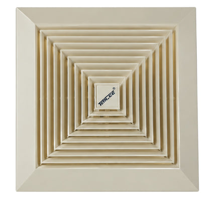 A square ceiling ventilation grille by TEERCE, finished in a warm cream or off-white color, featuring concentric square louvers with a central brand label.