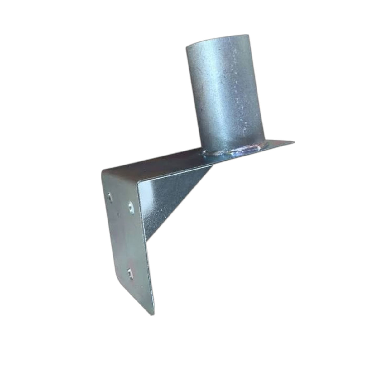 Galvanized steel L-bracket pipe elbow with a vertical cylindrical pipe connection, shown on a plain white background.