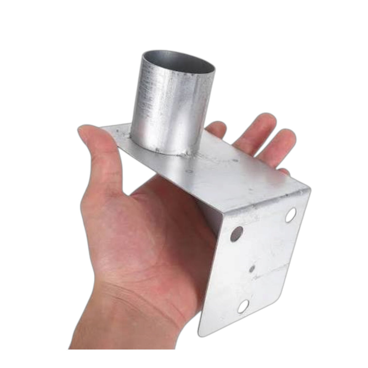 A galvanized steel mounting bracket with a cylindrical pipe sleeve, held in a hand to show its scale against a plain white background.