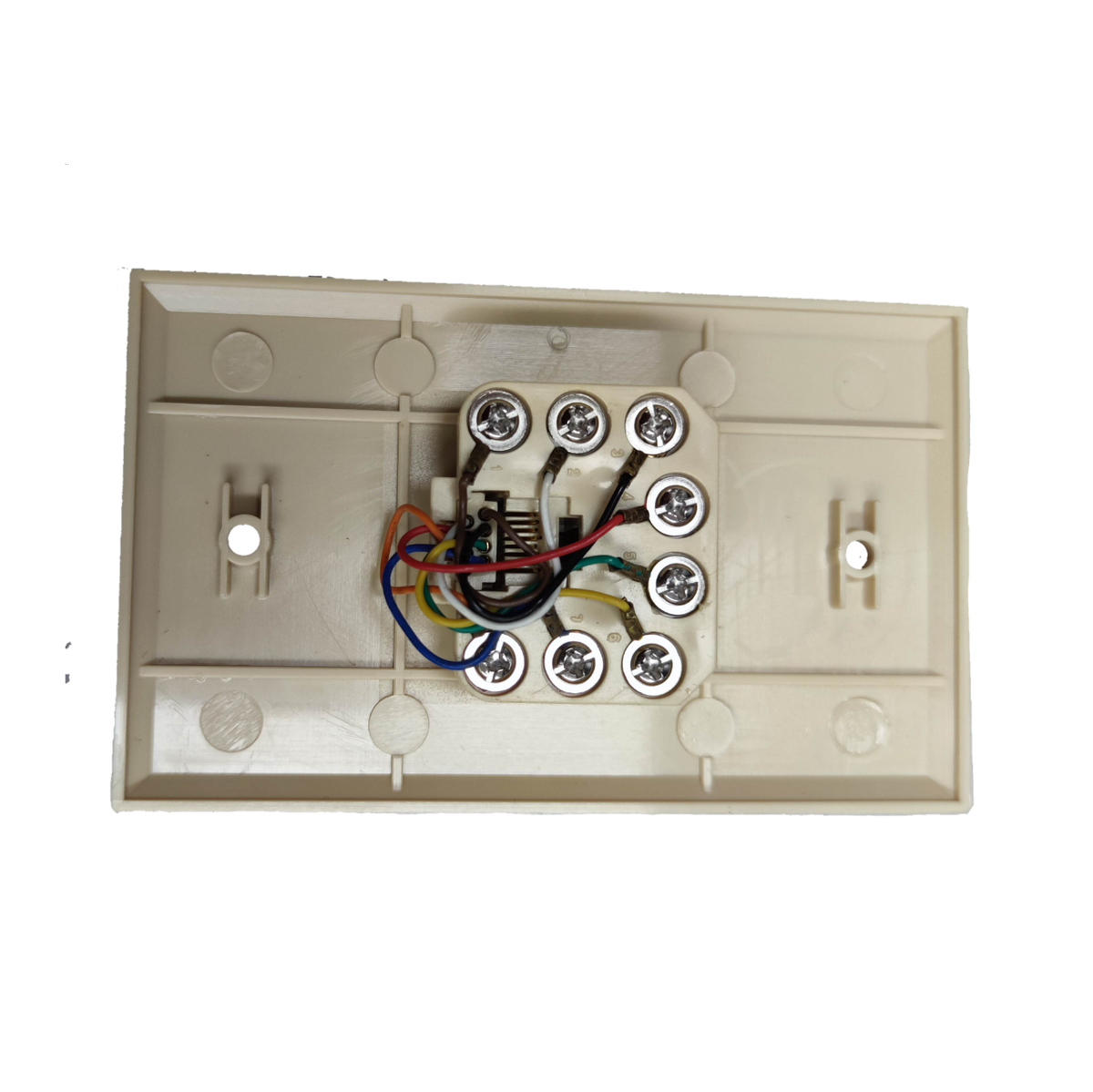 Back view of Taiwan made RJ45 wall socket for ethernet showing wiring and screw terminals