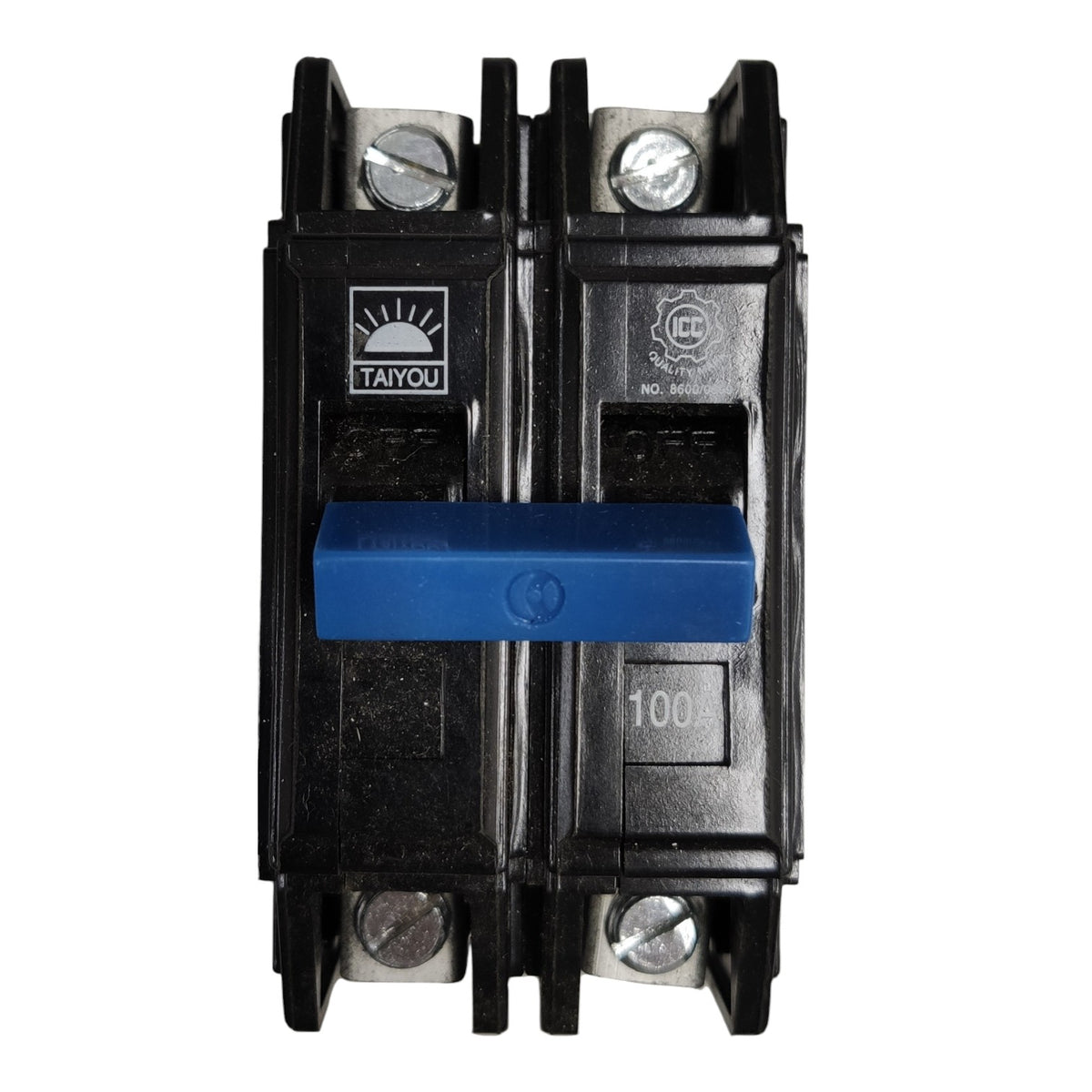 A double-pole electrical circuit breaker with a blue handle and black plastic housing, featuring the brand name TAICOU on the left side, isolated on a white background.