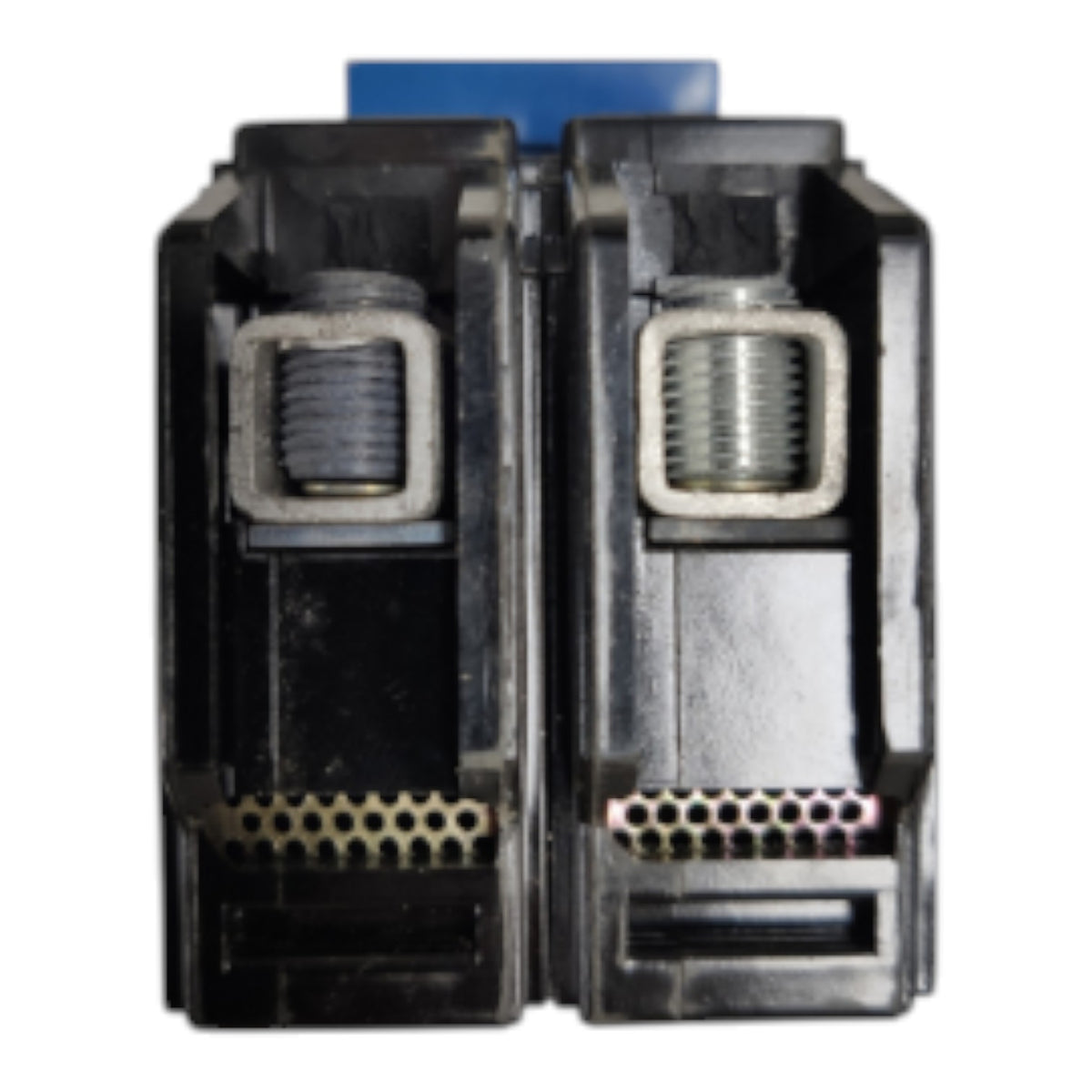 Two black plastic electrical connector blocks with metal screw terminals and a blue connector piece visible at the top, isolated on a white background.
