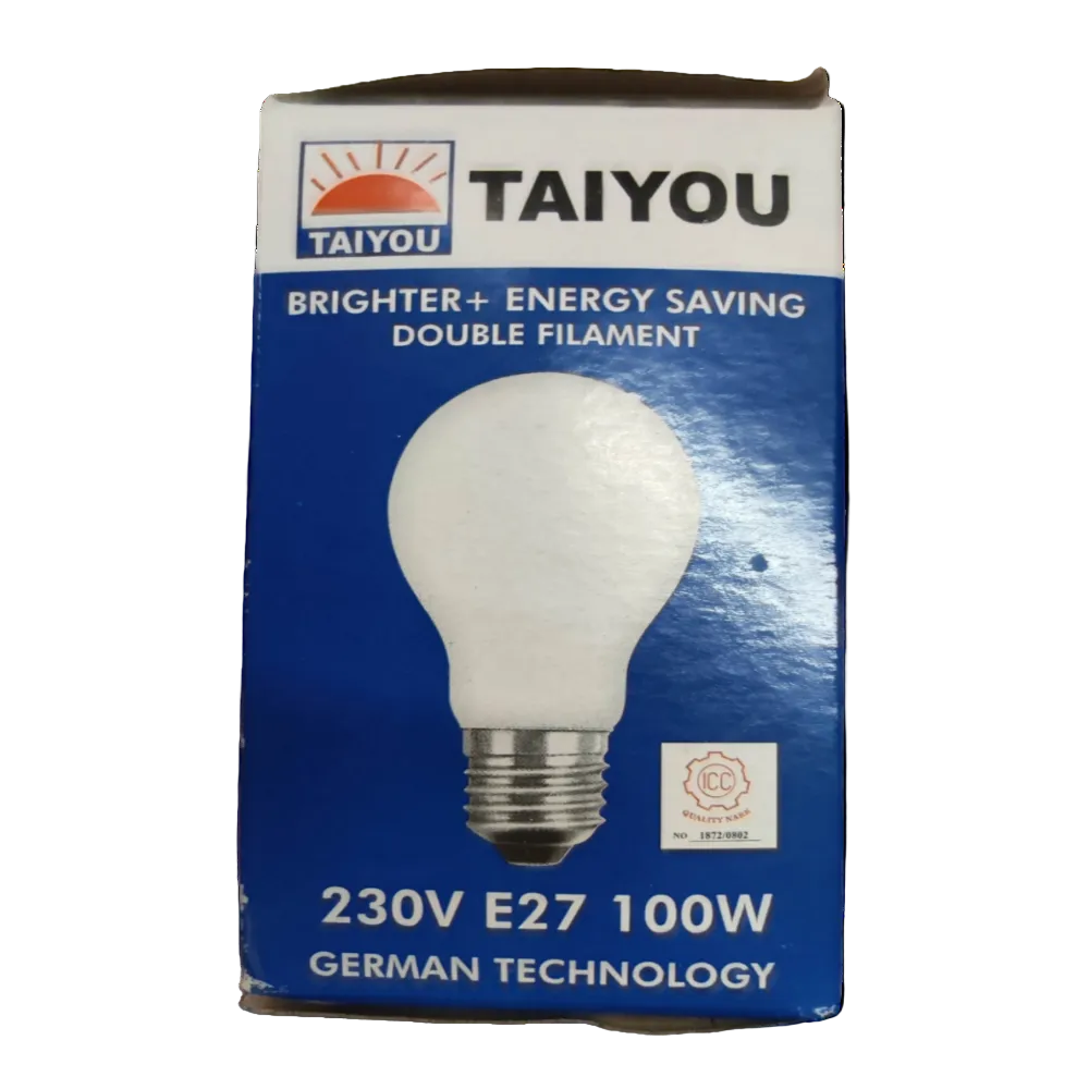 Taiyou energy-saving light bulb packaging on a white background
