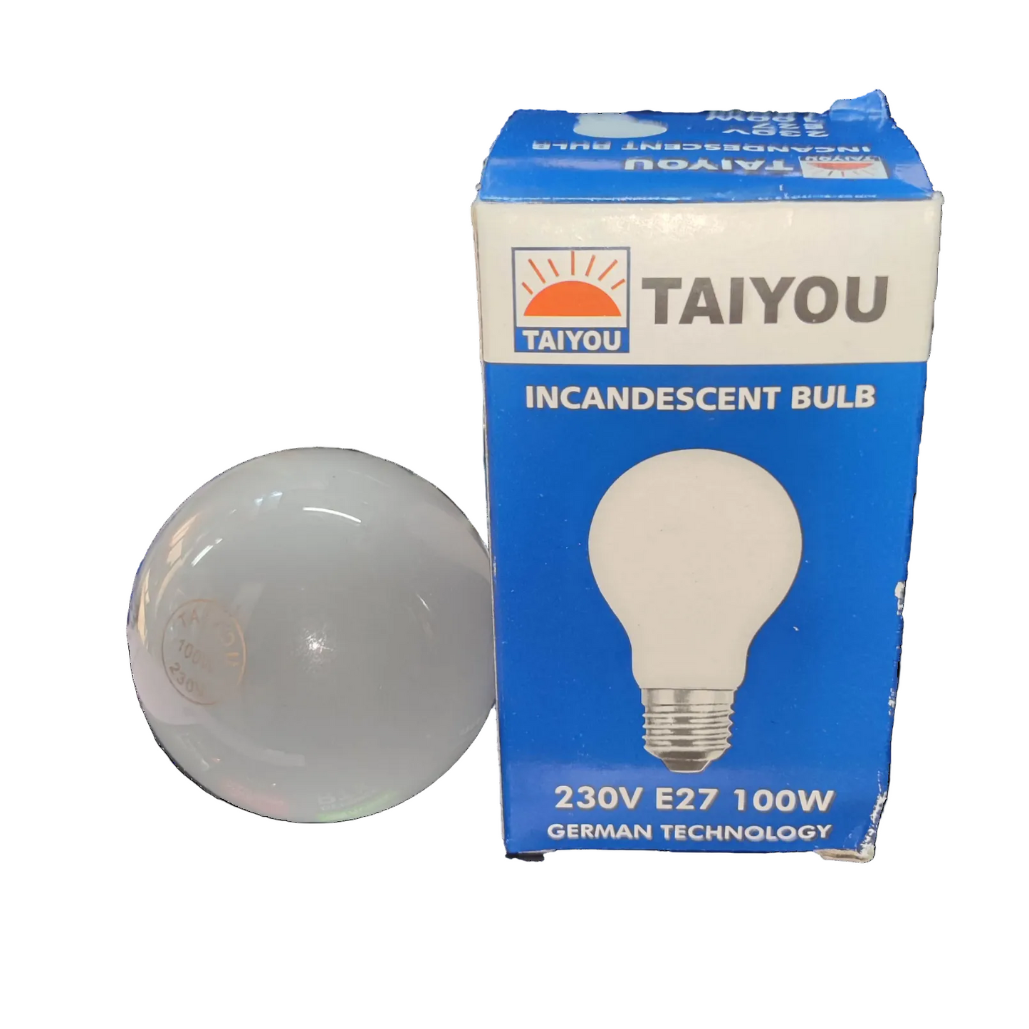 Taiyou incandescent bulb with packaging on a white background