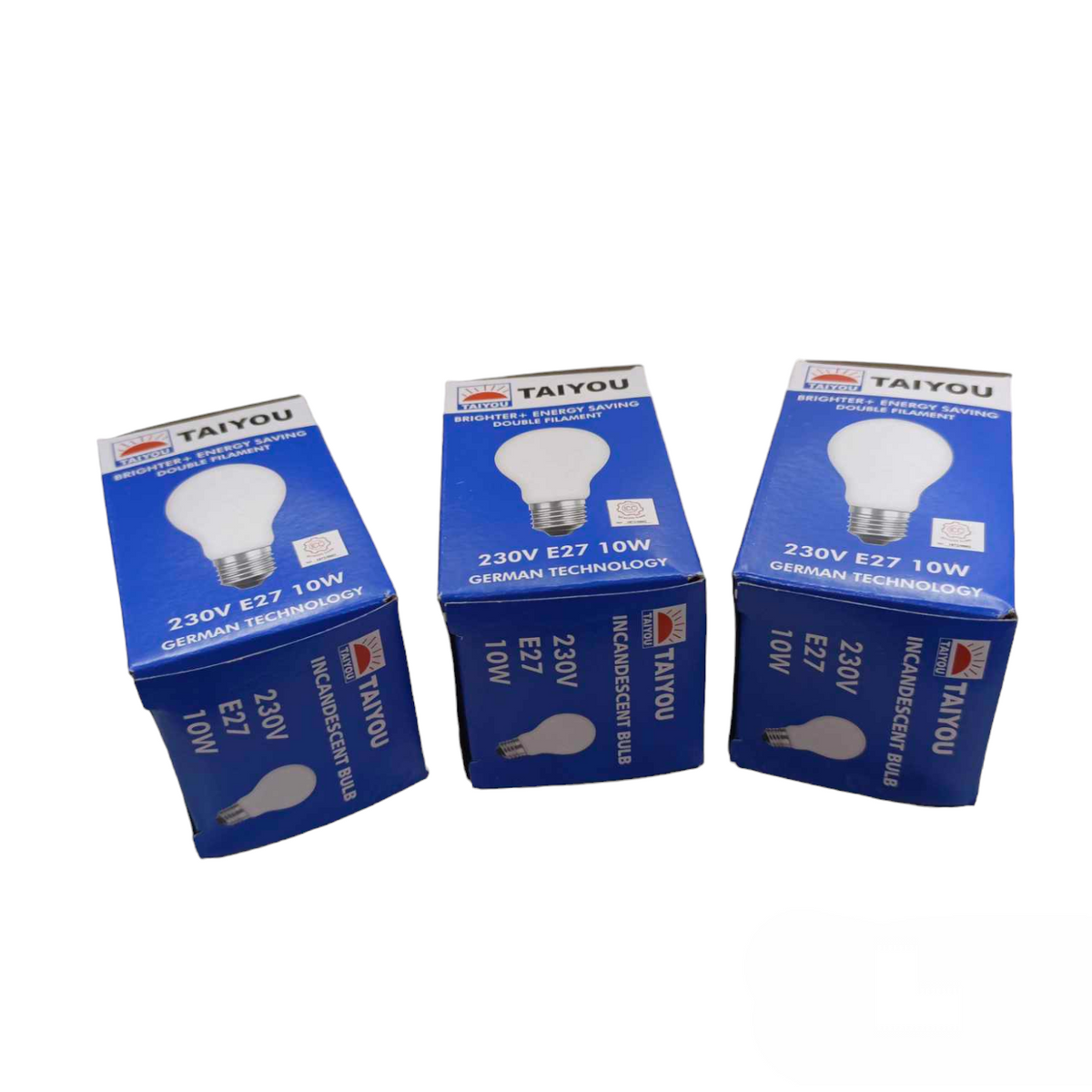 Taiyou 10W Bulb E27 220V incandescent bulbs in blue packaging with German technology label