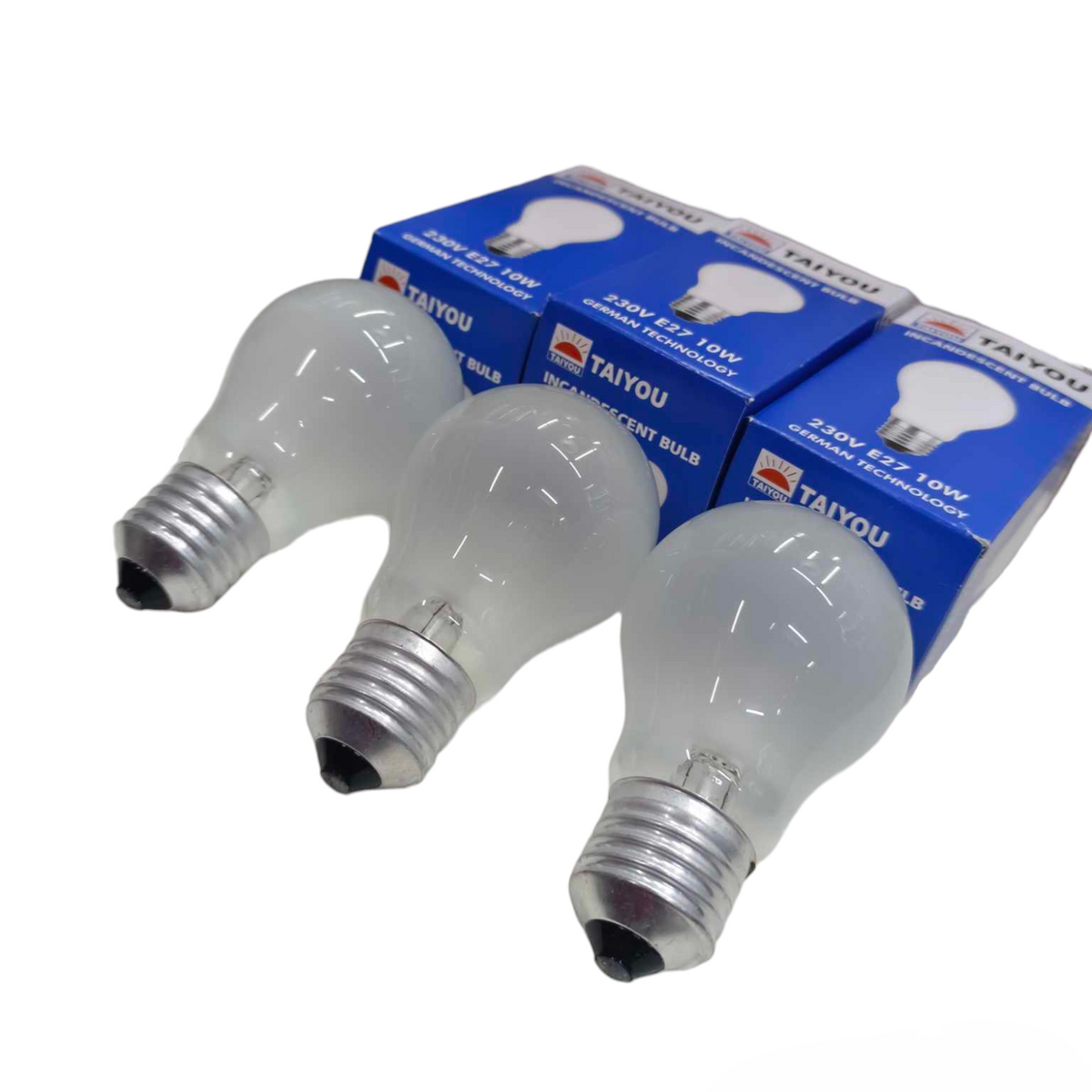 Taiyou incandescent 10W Bulb E27 220V with frosted glass and metal base, three bulbs with blue packaging