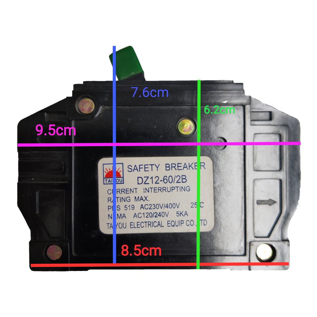 A safety breaker electrical component shown from the front with overlaid dimension lines and labels indicating width, height, and depth in centimeters on a plain white background.