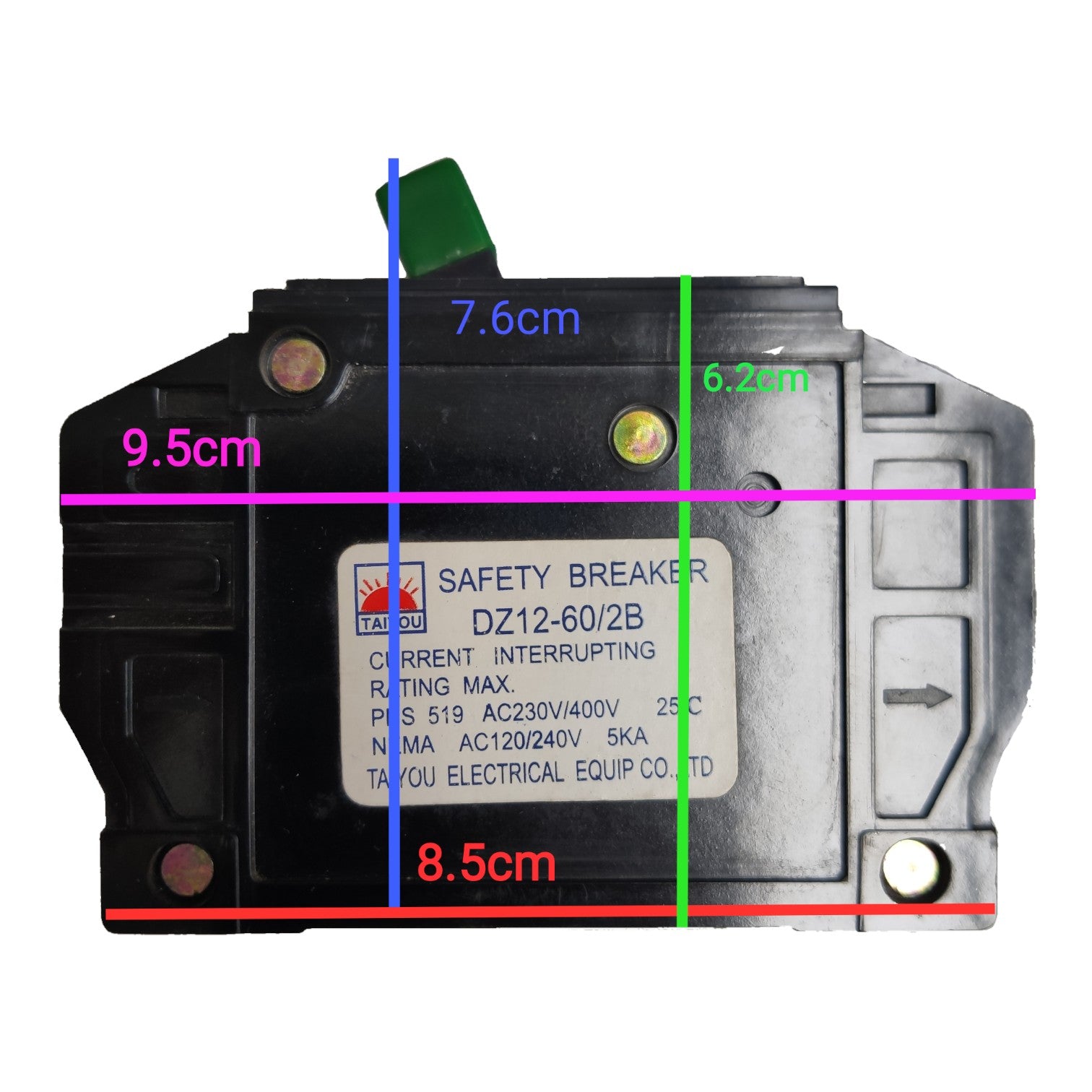 A safety breaker electrical component shown from the front with overlaid dimension lines and labels indicating width, height, and depth in centimeters on a plain white background.