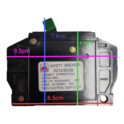 A safety breaker electrical component shown from the front with overlaid dimension lines and labels indicating width, height, and depth in centimeters on a plain white background.
