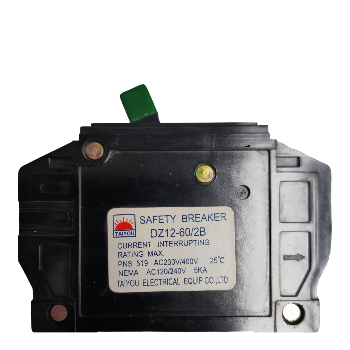 A black industrial safety breaker with a white label and a small green tab, photographed on a plain white background.