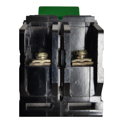 A close-up of a black electrical terminal block connector with two metal screw terminals and a green plastic tab visible at the top, isolated on a white background.