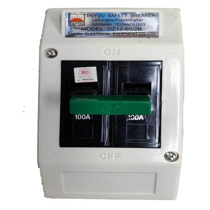 Taiyou Circuit Breaker with PVC Enclosure 2 Pole featuring 100A capacity and on off switch
