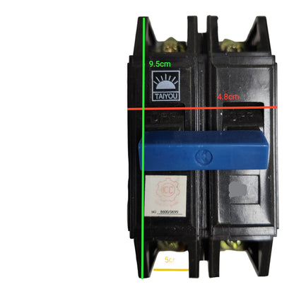 A black electrical circuit breaker with a blue handle, shown on a white background with green, red, and yellow measurement lines and text indicating dimensions.