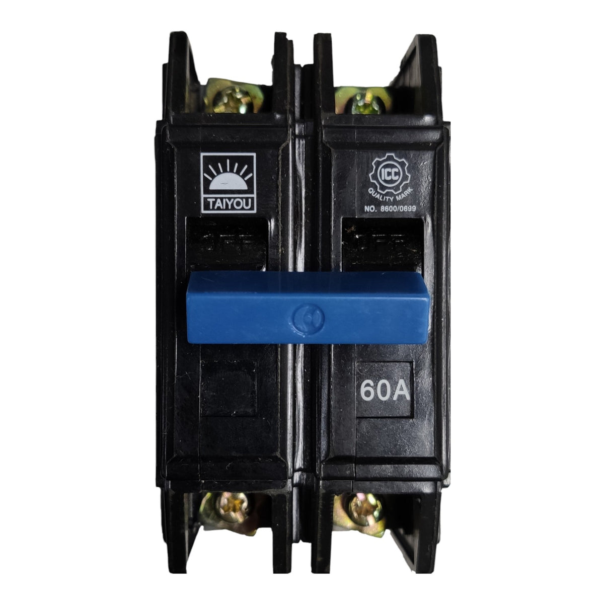 A double-pole circuit breaker with a black plastic housing, a blue central handle, and brass terminal screws at the top and bottom, shown on a plain white background.