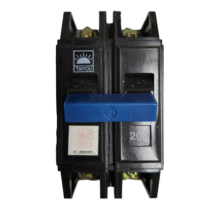 A Taiyou brand double-pole circuit breaker with a black plastic housing and a prominent blue handle, shown against a plain white background.