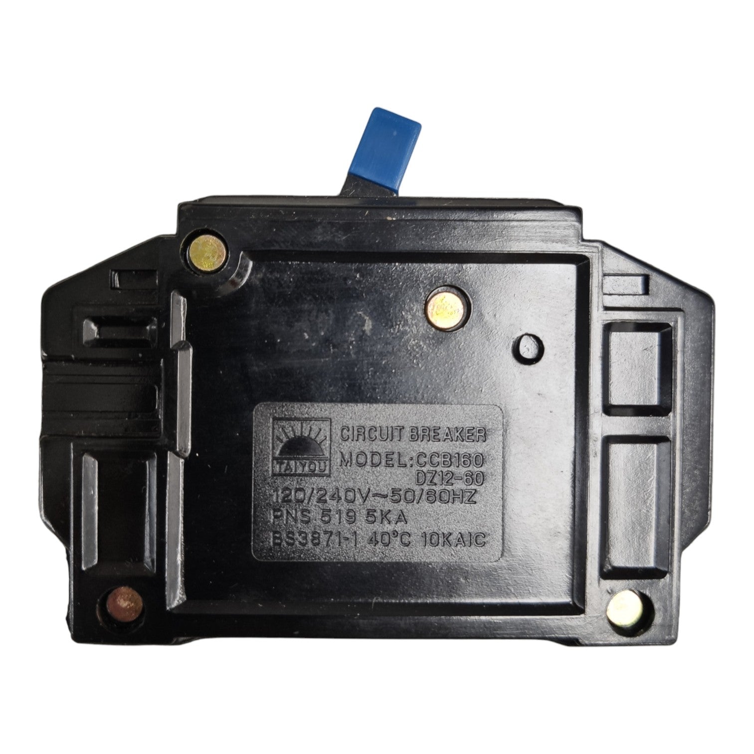 A black plastic circuit breaker housing with a blue terminal tab on top, featuring a central label with technical specifications and a visible 'Midea' logo.