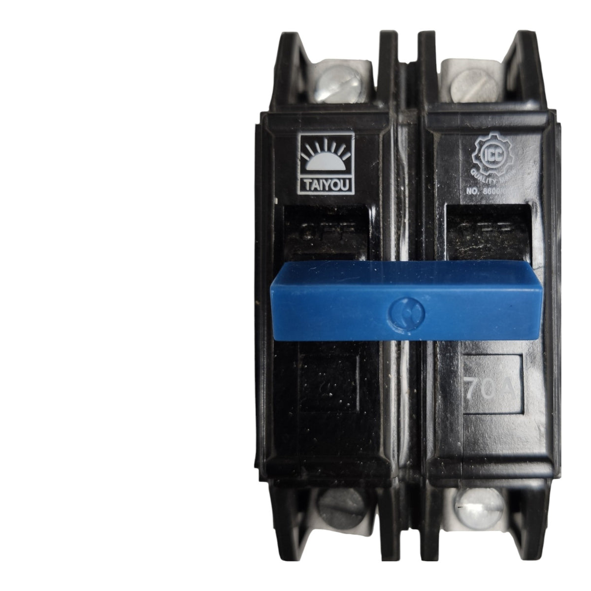 A Taiyou brand single-pole circuit breaker with a black plastic housing and a prominent blue handle, shown against a plain white background.