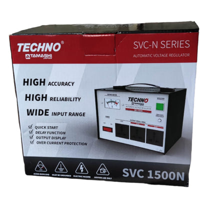 Techno Tamashi SVC-N Series automatic voltage regulator packaging on a white background