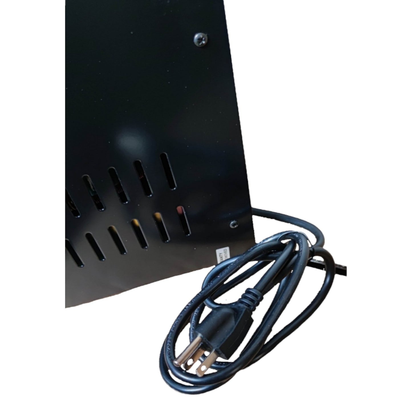 Black metal object with a power cord on a white background