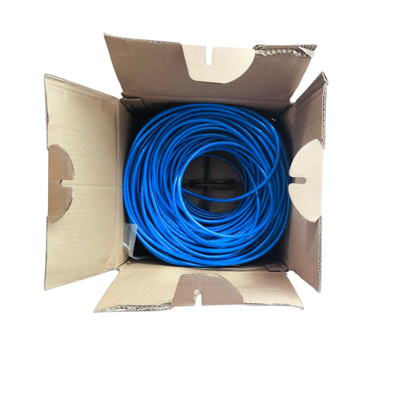 Blue cable coiled inside an open cardboard box on a white background