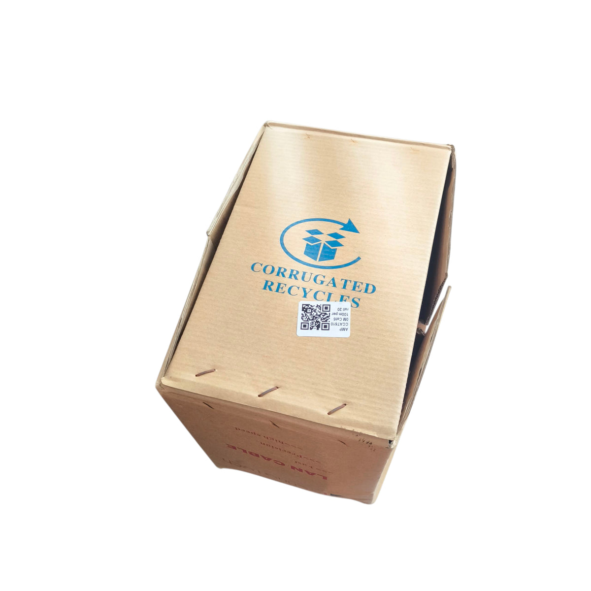 Cardboard recycling box with 'Corrugated Recycles' logo and QR code on a white background