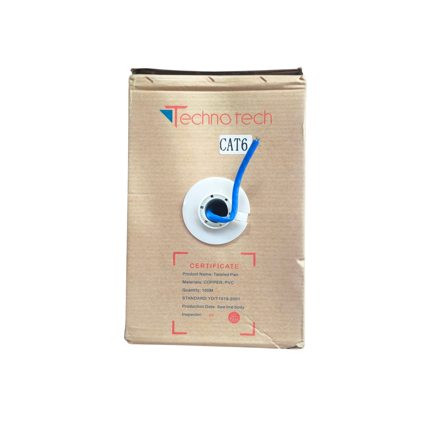 Cardboard packaging with a blue cable, Technatech branding, and certification details on a white background.