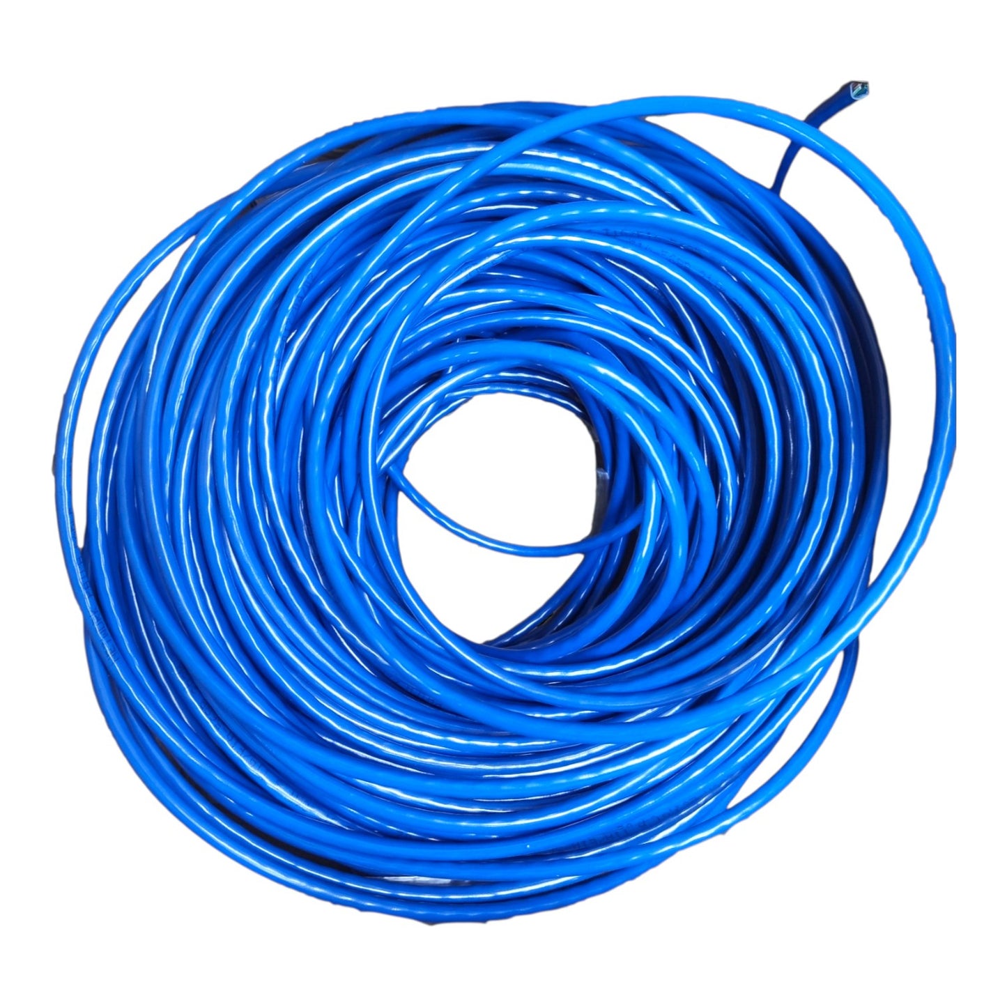 A coiled bundle of bright blue cable or wire on a plain white background.