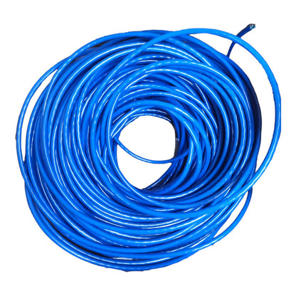 A coiled bundle of bright blue cable or wire on a plain white background.