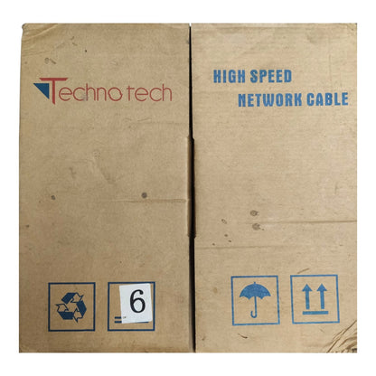A brown cardboard shipping box printed with the Techno tech brand name in red and blue, along with blue text reading 'HIGH SPEED NETWORK CABLE' and handling icons.