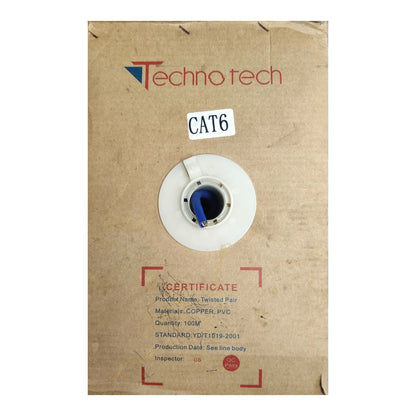 Techno tech CAT6 product packaging box, featuring a white circular spool with a blue connector visible through a cutout, on a brown cardboard background.