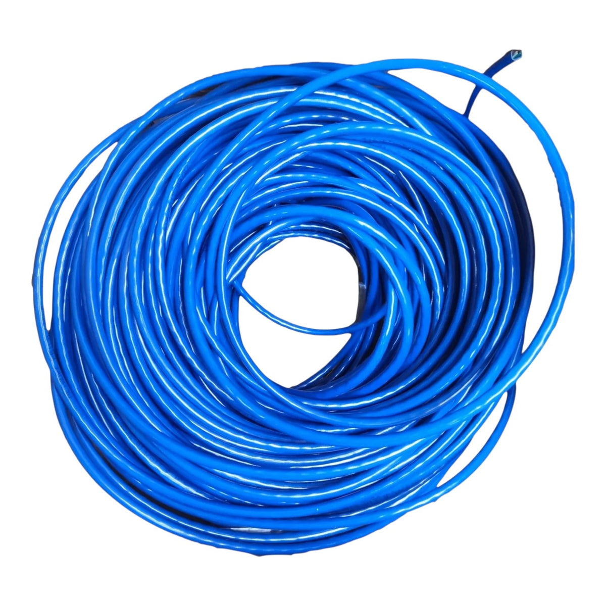 A coiled bundle of bright blue cable or wire on a plain white background.