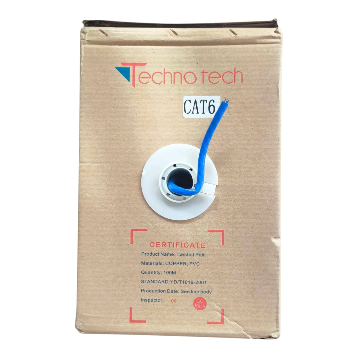 A brown cardboard box for Techno tech CAT6 twisted pair cable, featuring a printed white circular diagram with a blue cable and product specifications.