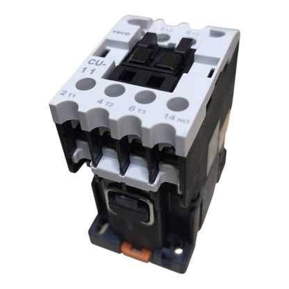 TECO CU-11 contactor relay module with a white top terminal cover, black central contacts, and a dark gray body, shown on a white background.