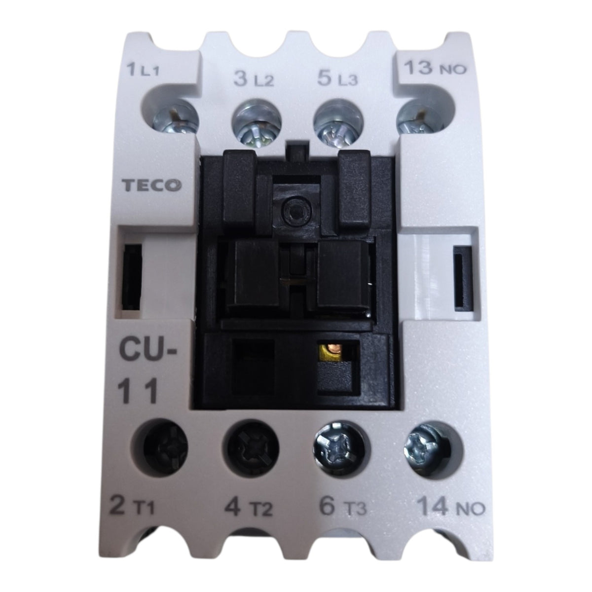 TECO CU-11 contactor relay module with a white plastic housing, black central coil assembly, and printed terminal labels on a white background.