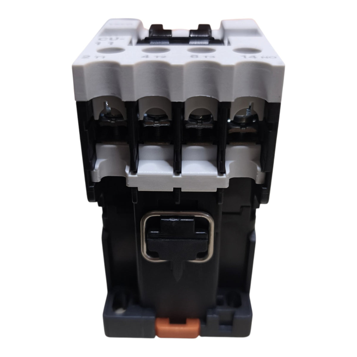 A 3-phase contactor relay with a black plastic body, gray terminal covers, and a small orange release tab at the bottom, shown against a plain white background.