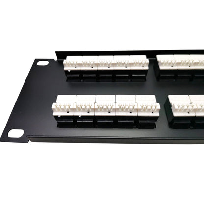 Black metal patch panel with multiple white RJ45 network interface connectors arranged in rows on a white background.