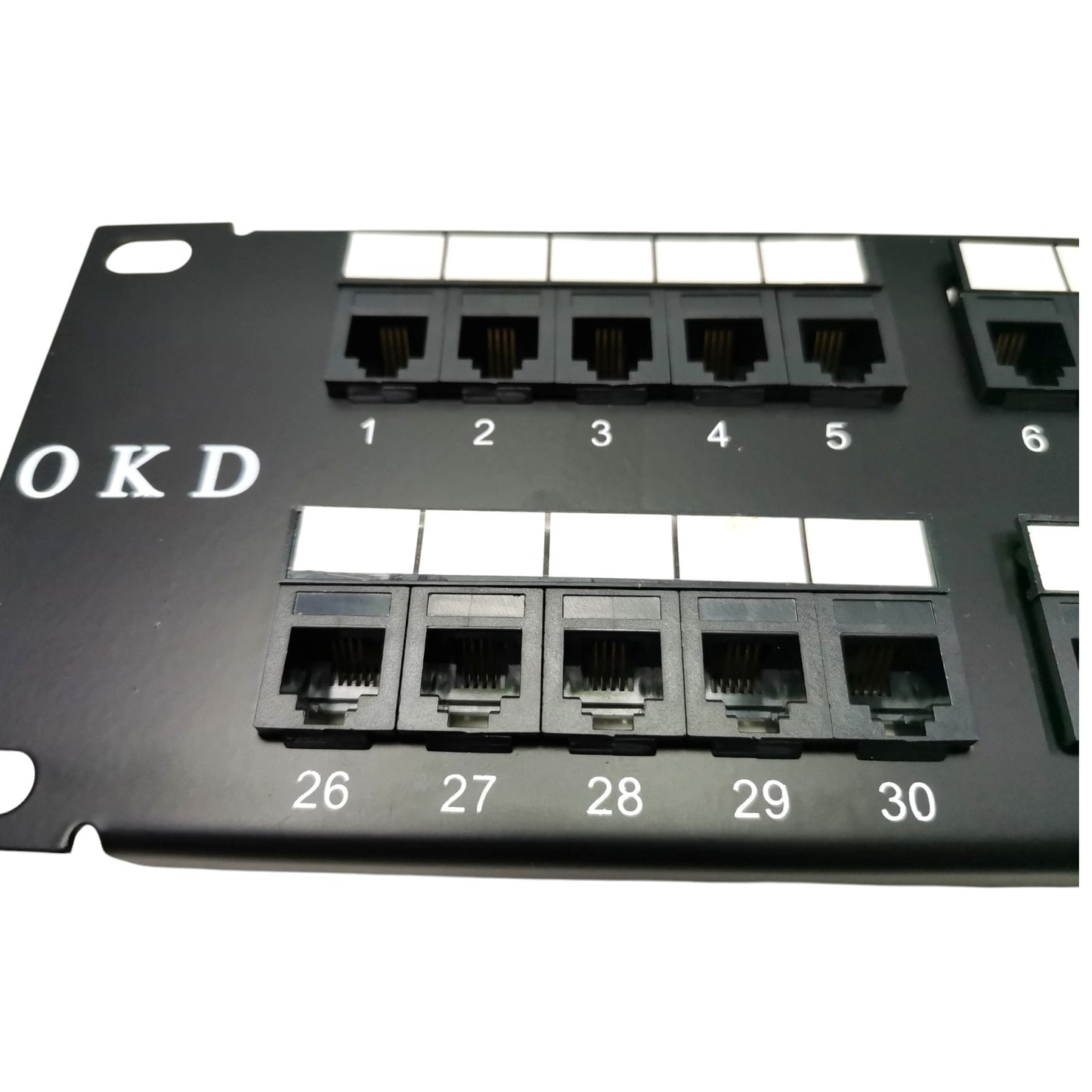 Black RJ45 patch panel with 10-port and 24-port modular network connectors, labeled with numbers 1 through 30 on a white background.