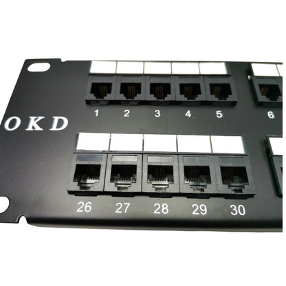Black RJ45 patch panel with 10-port and 24-port modular network connectors, labeled with numbers 1 through 30 on a white background.