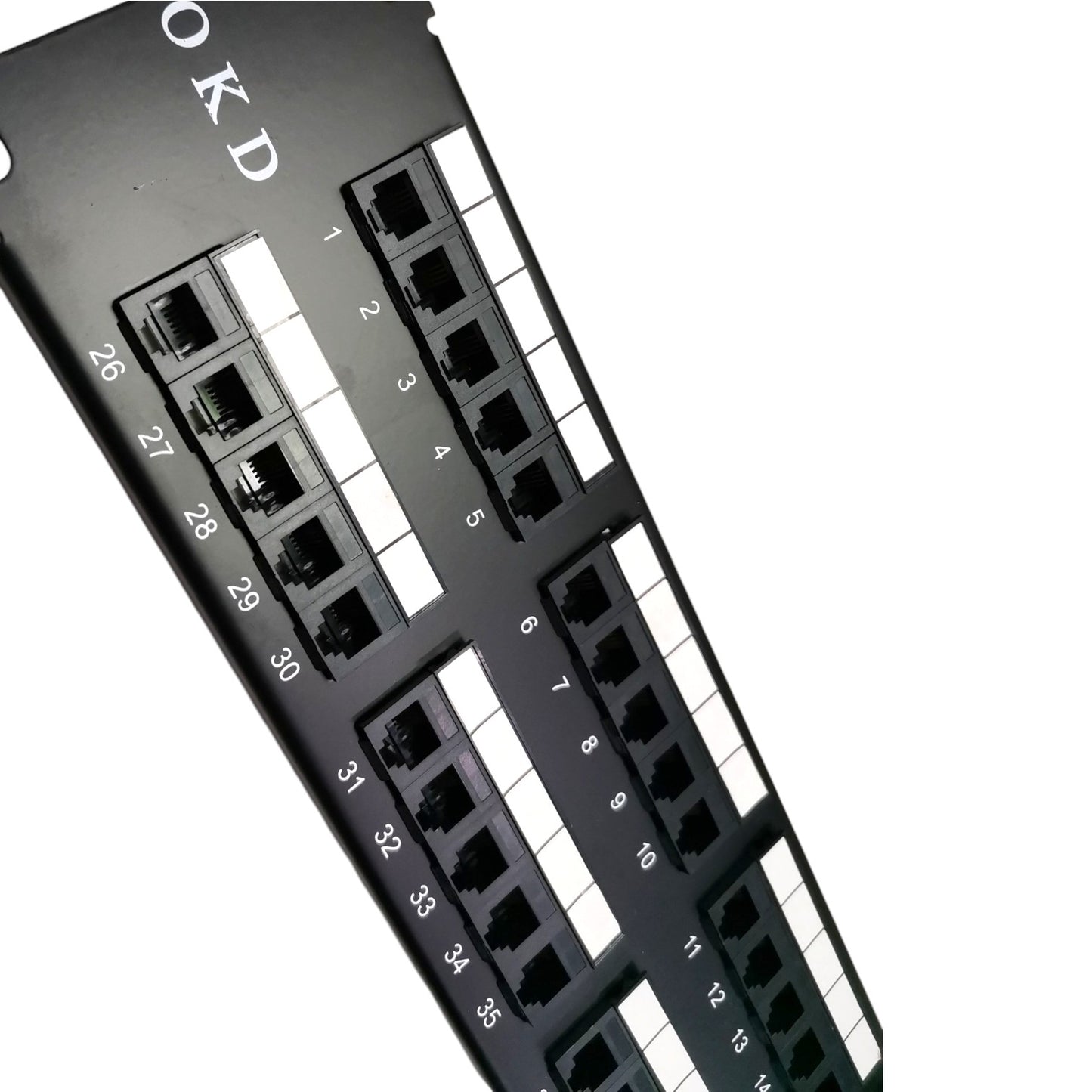 A close-up of a black multi-port Ethernet patch panel with RJ45 ports, numbered from 1 to 35, on a white background.