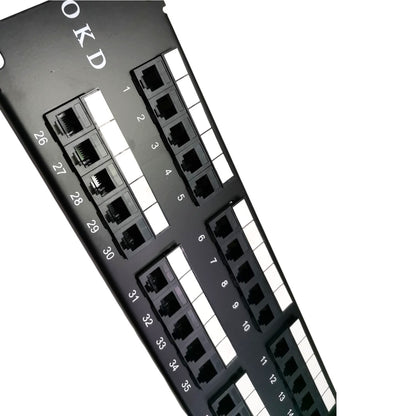 A close-up of a black multi-port Ethernet patch panel with RJ45 ports, numbered from 1 to 35, on a white background.
